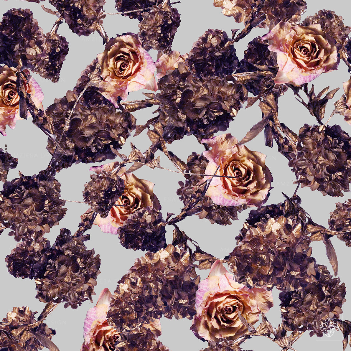 Dry Roses Gold Hydrangea 030225A Seamless Pattern
